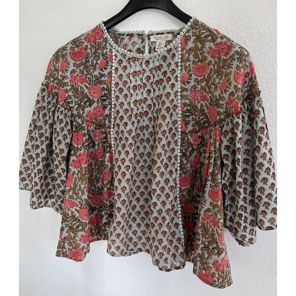 Rachel Zoe Floral Boho Peasant Blouse Crochet Trim Large Mint Coral Block Print